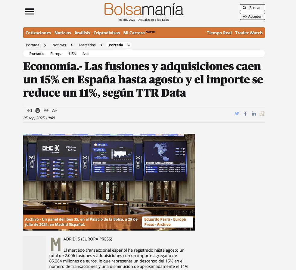 Las fusiones y adquisiciones caen un 15% en Espaa hasta agosto y el importe se reduce un 11%, segn TTR Data